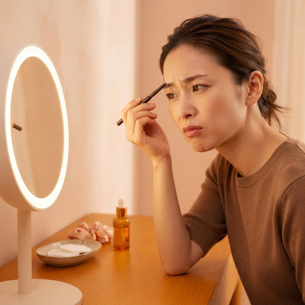 A woman looking in a vanity mirror with a frustrated expression while trying to draw symmetrical eyebrows.