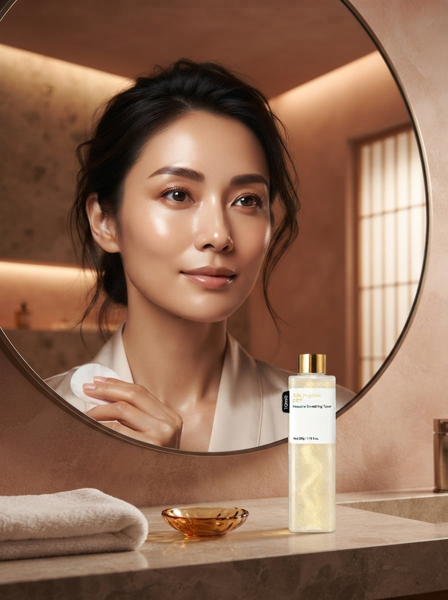 A Japanese woman with glowing skin and perfectly defined natural eyebrows, reflecting a serene and confident mood in a luxury