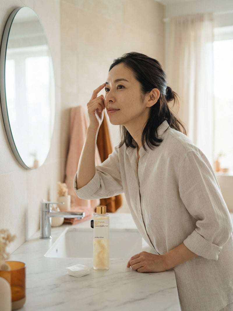 Japanese woman looking in a bathroom mirror and touching her eyebrows after using skincare products in the morning.